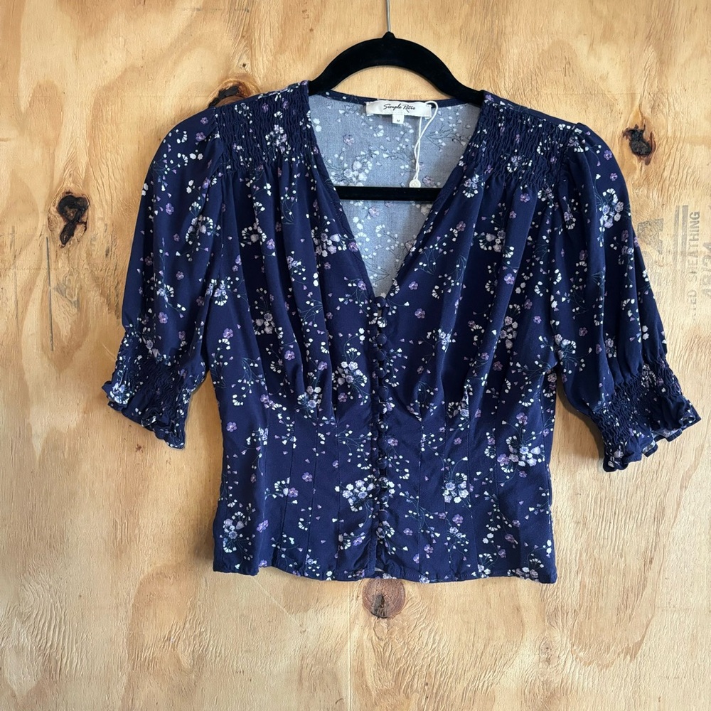 Simple Retro Purple Floral Puff Sleeve Ruffle Trim Button Front Blouse Sz M